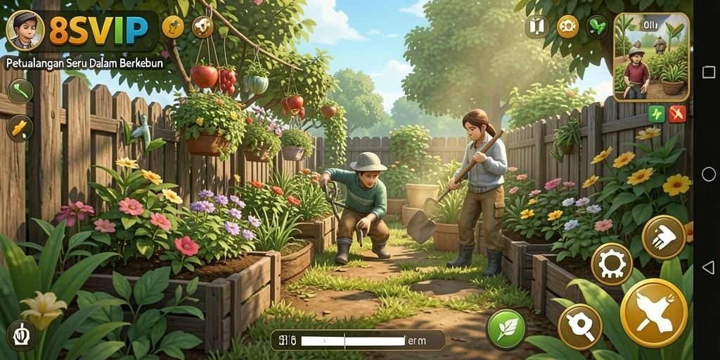 Tangkapan layar gameplay 8SVIP dengan kebun yang indah dan tanaman beragam.