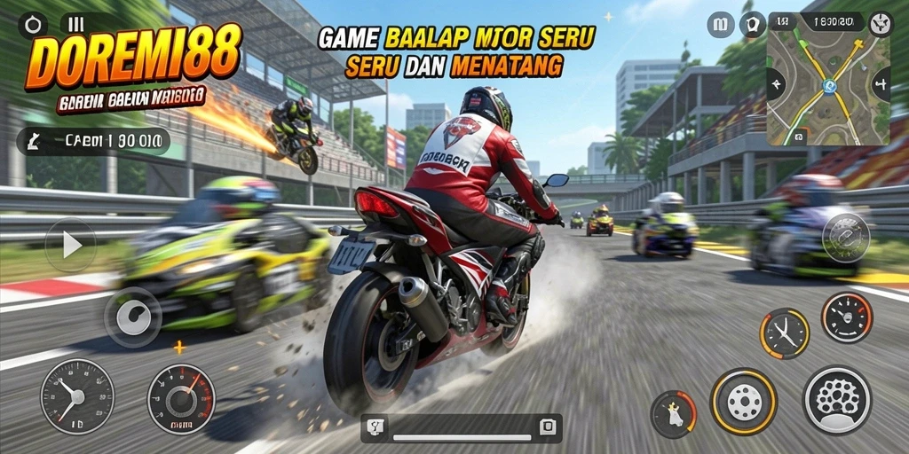 Screenshot gameplay DOREMI88 menunjukkan balapan motor yang mendebarkan.
