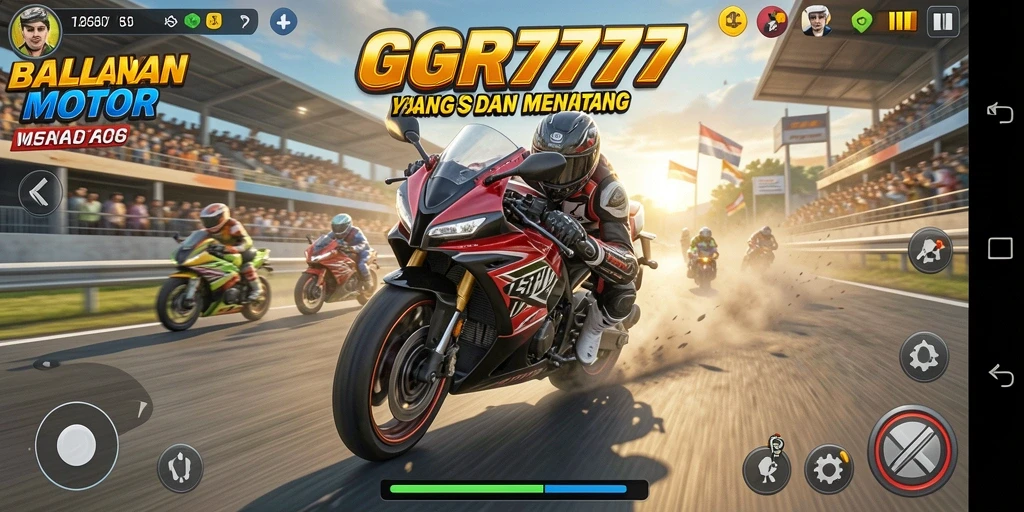 Tampilan gameplay GGR7777 dengan motor balap di trek menantang.