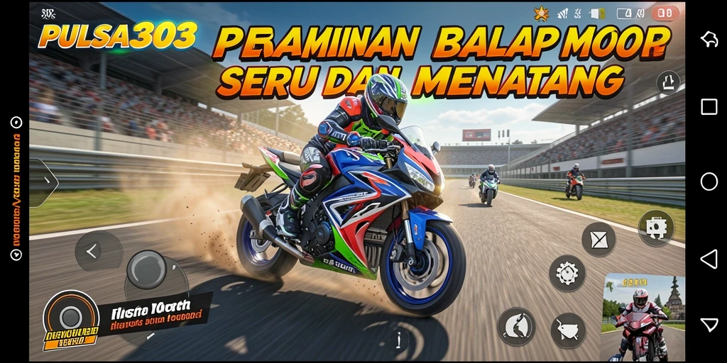Screenshot utama PULSA303 menampilkan aksi balap motor yang mendebarkan.