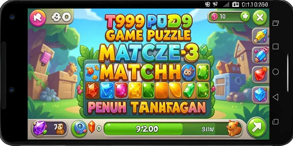 Screenshot T9999 menampilkan suasana permainan Match-3 yang penuh warna.